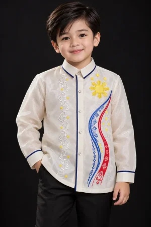 Boys Philippine Flag Embroidered Ivory Organza Barong Tagalog 8533